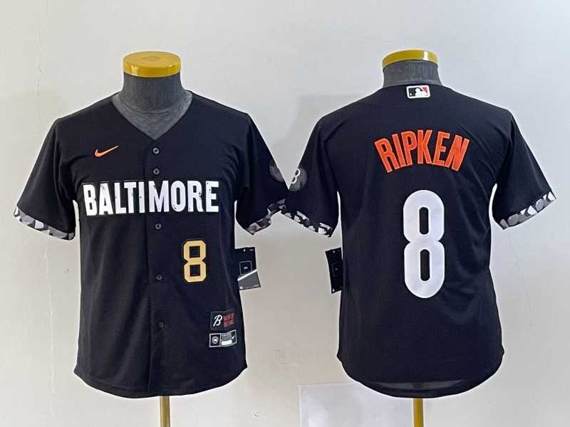 Youth Baltimore Orioles #8 Cal Ripken Jr Number Black 2023 City Connect Cool Base Stitched Jersey